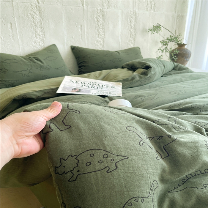 91家纺网 家纺一手货源 找家纺 佰亿莱 2026新款棉麻双层纱四件套 恐龙-绿