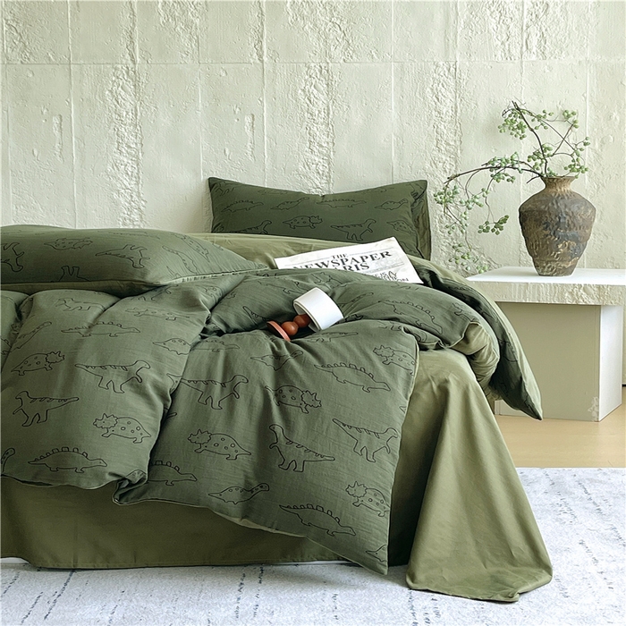 91家纺网 家纺一手货源 找家纺 佰亿莱 2026新款棉麻双层纱四件套 恐龙-绿