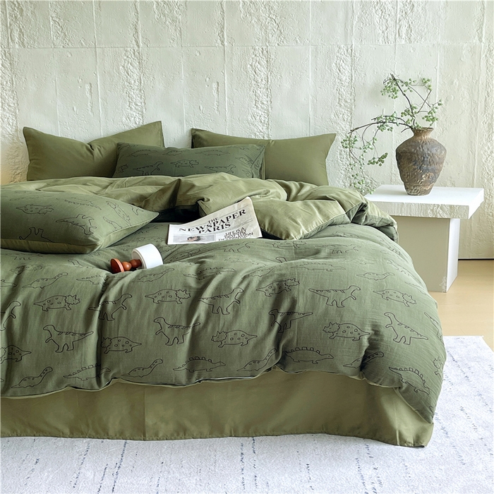 91家纺网 家纺一手货源 找家纺 佰亿莱 2026新款棉麻双层纱四件套 恐龙-绿