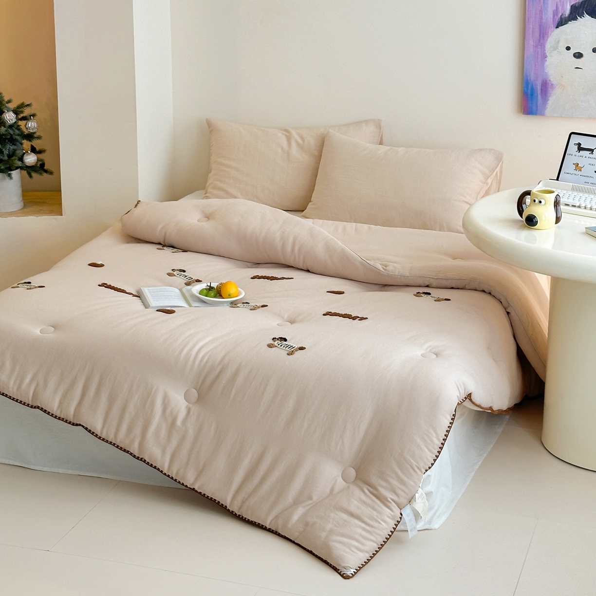 91家纺网 家纺一手货源 找家纺 一加一 2025新款全棉双层皱皱纱毛巾绣抗菌大豆被芯 腊肠狗