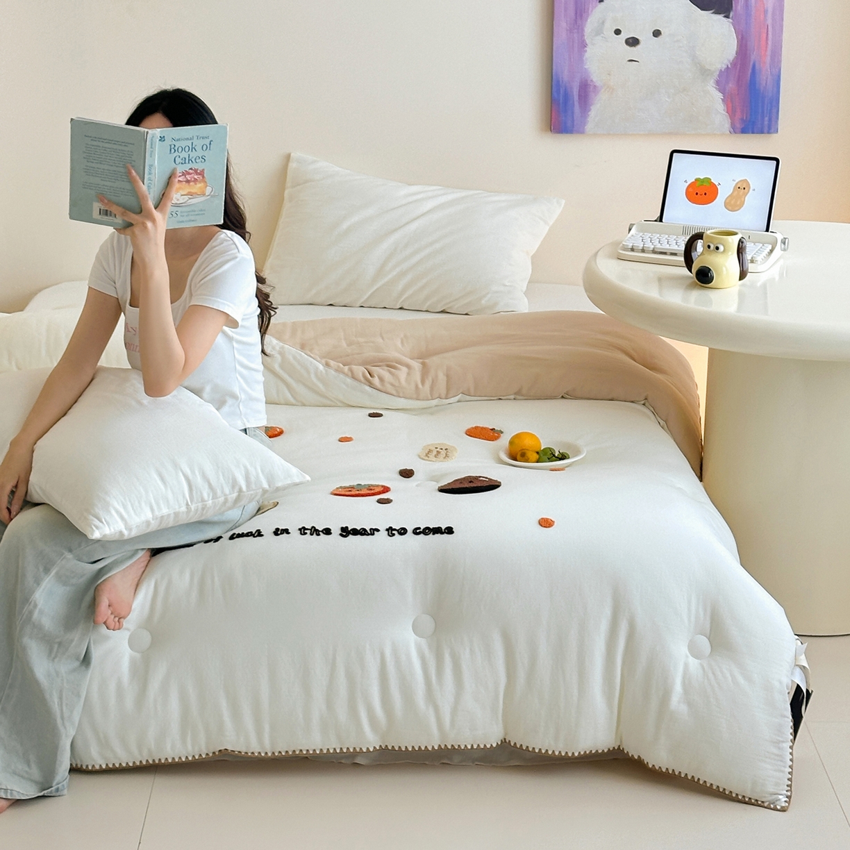 91家纺网 家纺一手货源 找家纺 一加一 2025新款全棉双层皱皱纱毛巾绣抗菌大豆被芯 甜甜小丸子