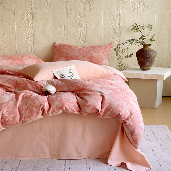 91家纺网 家纺一手货源 找家纺 佰亿莱 2026新款棉麻双层纱四件套 云木林-粉