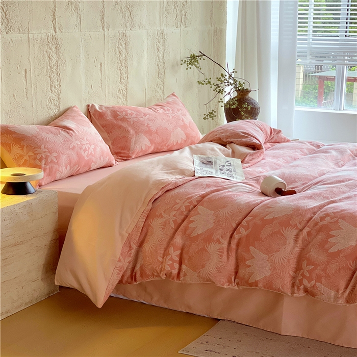 91家纺网 家纺一手货源 找家纺 佰亿莱 2026新款棉麻双层纱四件套 云木林-粉