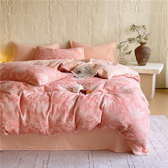 91家纺网 家纺一手货源 找家纺 佰亿莱 2026新款棉麻双层纱四件套 云木林-粉