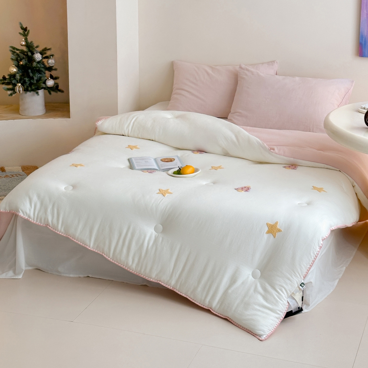 91家纺网 家纺一手货源 找家纺 一加一 2025新款全棉双层皱皱纱毛巾绣抗菌大豆被芯 星愿树