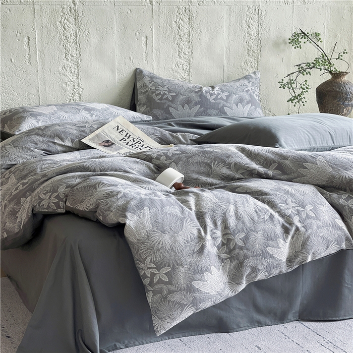 91家纺网 家纺一手货源 找家纺 佰亿莱 2026新款棉麻双层纱四件套 云木林-灰