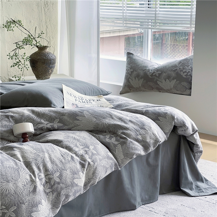 91家纺网 家纺一手货源 找家纺 佰亿莱 2026新款棉麻双层纱四件套 云木林-灰