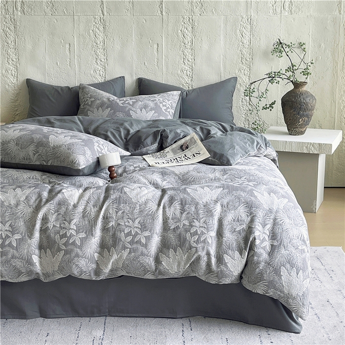 91家纺网 家纺一手货源 找家纺 佰亿莱 2026新款棉麻双层纱四件套 云木林-灰