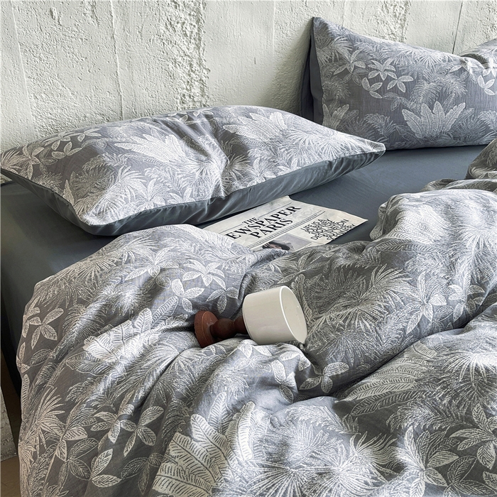 91家纺网 家纺一手货源 找家纺 佰亿莱 2026新款棉麻双层纱四件套 云木林-灰