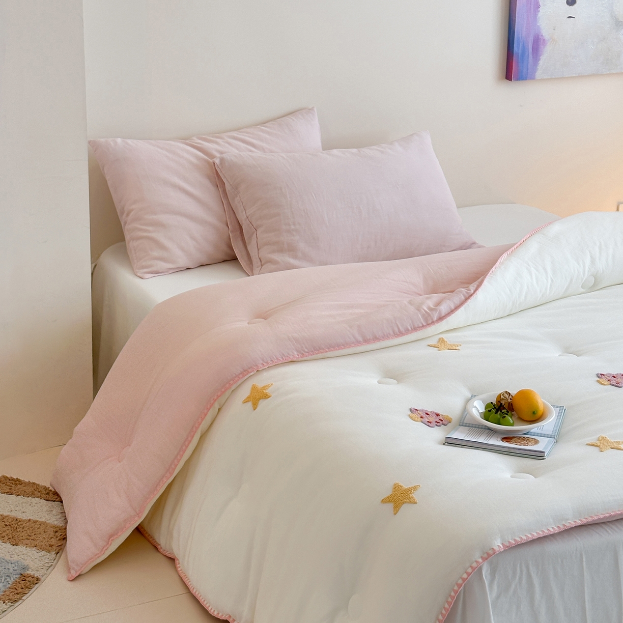 91家纺网 家纺一手货源 找家纺 一加一 2025新款全棉双层皱皱纱毛巾绣抗菌大豆被芯 星愿树