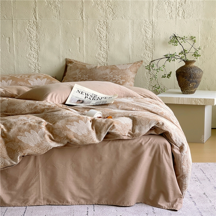 91家纺网 家纺一手货源 找家纺 佰亿莱 2026新款棉麻双层纱四件套 云木林-奶咖