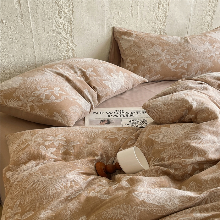 91家纺网 家纺一手货源 找家纺 佰亿莱 2026新款棉麻双层纱四件套 云木林-奶咖