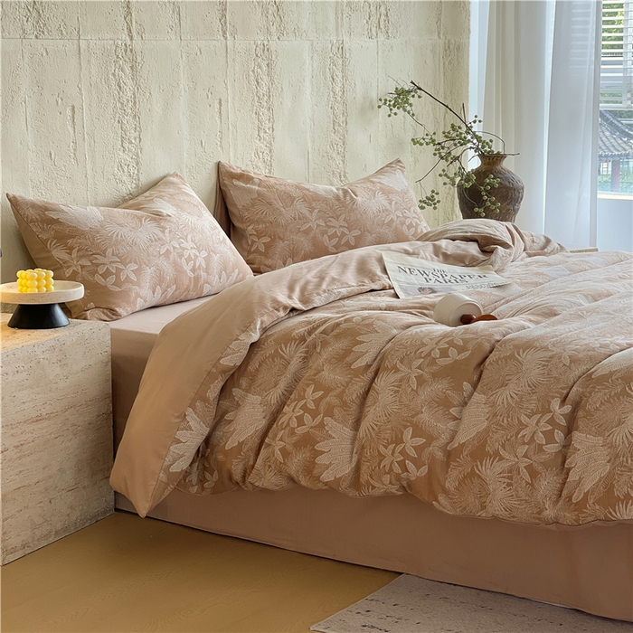 91家纺网 家纺一手货源 找家纺 佰亿莱 2026新款棉麻双层纱四件套 云木林-奶咖