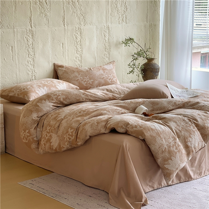 91家纺网 家纺一手货源 找家纺 佰亿莱 2026新款棉麻双层纱四件套 云木林-奶咖