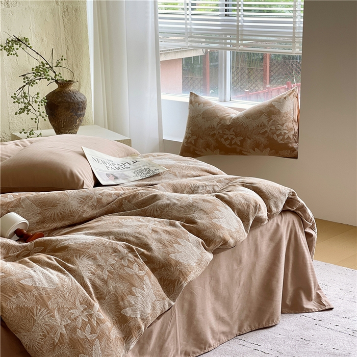 91家纺网 家纺一手货源 找家纺 佰亿莱 2026新款棉麻双层纱四件套 云木林-奶咖