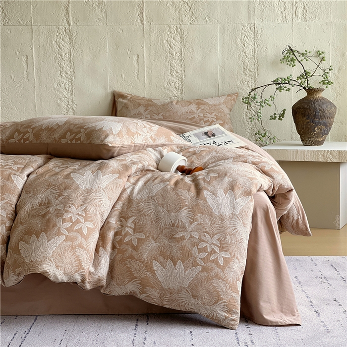 91家纺网 家纺一手货源 找家纺 佰亿莱 2026新款棉麻双层纱四件套 云木林-奶咖