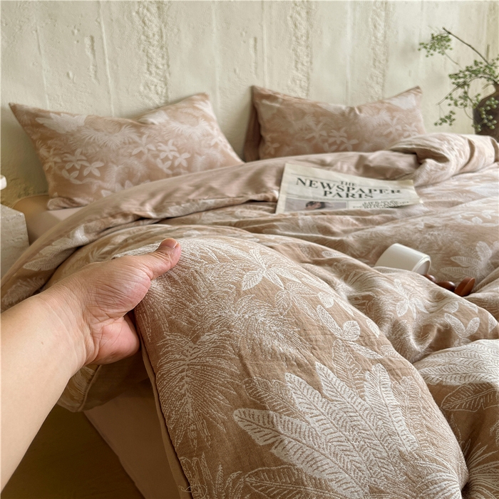 91家纺网 家纺一手货源 找家纺 佰亿莱 2026新款棉麻双层纱四件套 云木林-奶咖