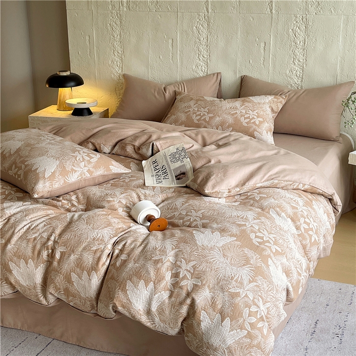 91家纺网 家纺一手货源 找家纺 佰亿莱 2026新款棉麻双层纱四件套 云木林-奶咖