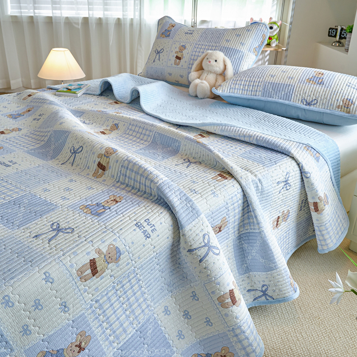 X猫先生 2025新品棉加绒床盖一面全棉一面牛奶绒床盖炕盖加厚床单床垫四季款 蓝格童话（A棉B绒）