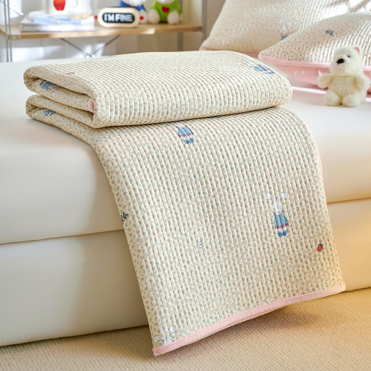 91家纺网 家纺一手货源 找家纺 X猫先生 2025新品棉加绒床盖一面全棉一面牛奶绒床盖炕盖加厚床单床垫四季款 奶呼小兔（A棉B绒）