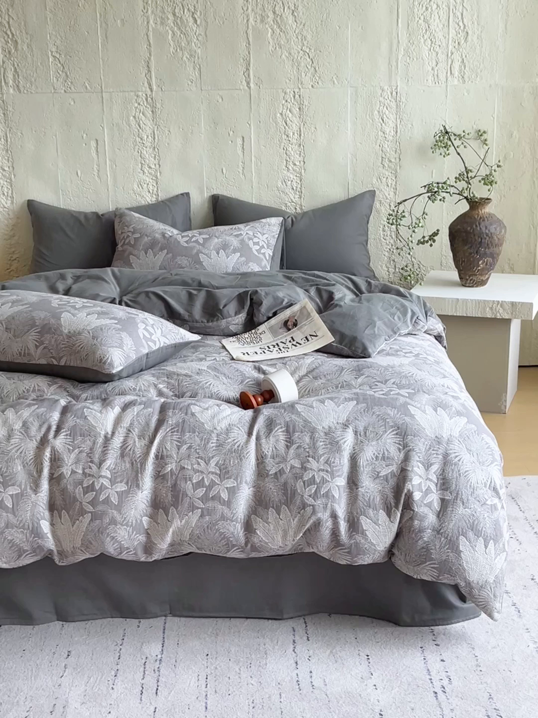 91家纺网 家纺一手货源 找家纺 佰亿莱 2026新款棉麻双层纱四件套 云木林-灰