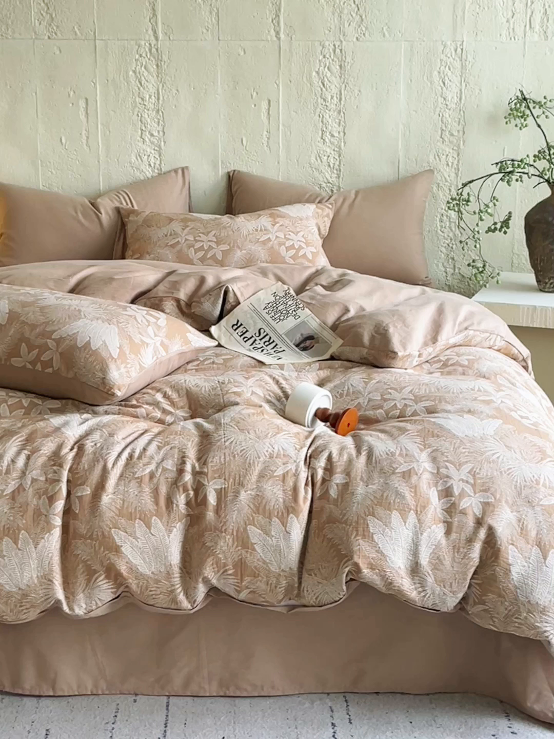 91家纺网 家纺一手货源 找家纺 佰亿莱 2026新款棉麻双层纱四件套 云木林-奶咖