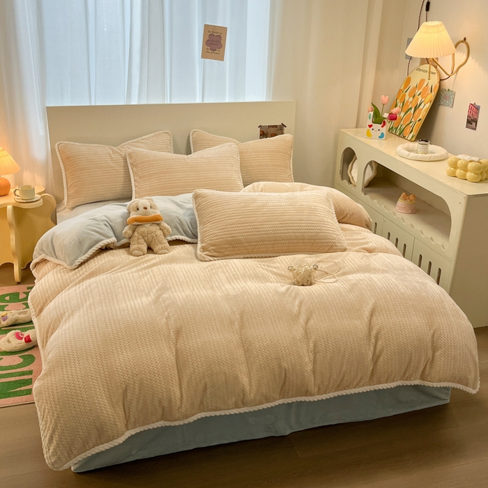 91家纺网 家纺一手货源 找家纺 蓝极人 2025新款成品提花包边牛奶绒四件套 提花-杏灰