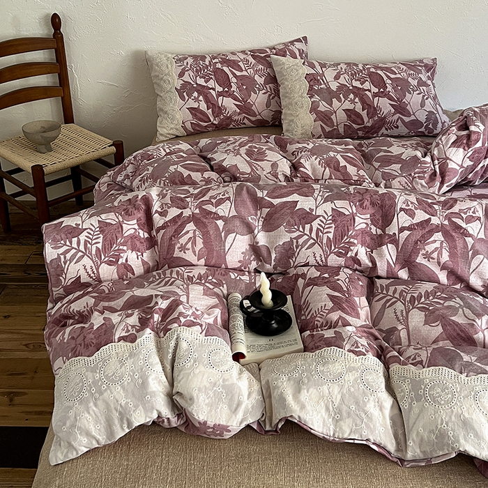 91家纺网 家纺一手货源 找家纺 一比一家纺 2025秋冬新品高克重原麻复古全棉花边棉麻侘寂风原麻四件套 （控价99元）木槿红