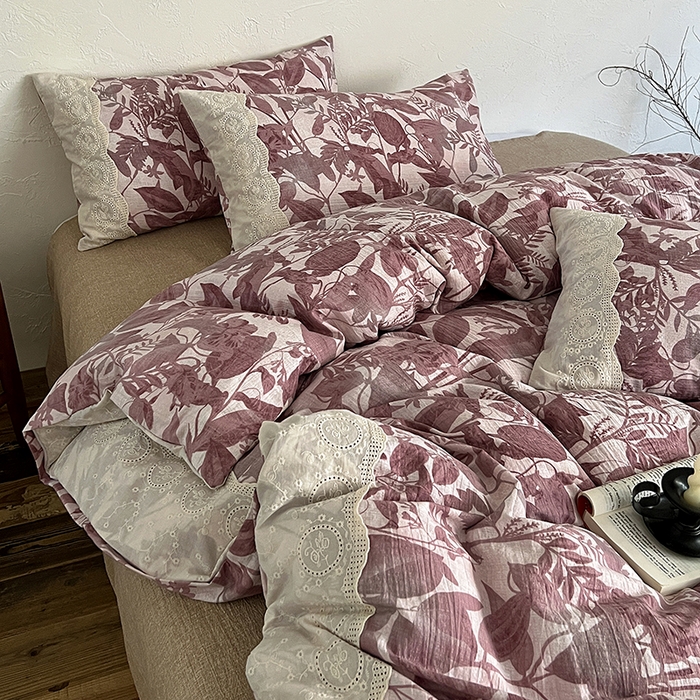 91家纺网 家纺一手货源 找家纺 一比一家纺 2025秋冬新品高克重原麻复古全棉花边棉麻侘寂风原麻四件套 （控价99元）木槿红