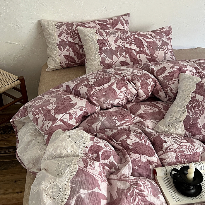 91家纺网 家纺一手货源 找家纺 一比一家纺 2025秋冬新品高克重原麻复古全棉花边棉麻侘寂风原麻四件套 （控价99元）木槿红