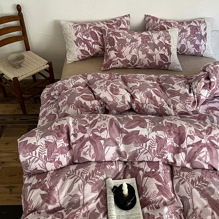 91家纺网 家纺一手货源 找家纺 一比一家纺 2025秋冬新品高克重原麻复古全棉花边棉麻侘寂风原麻四件套 （控价99元）木槿红