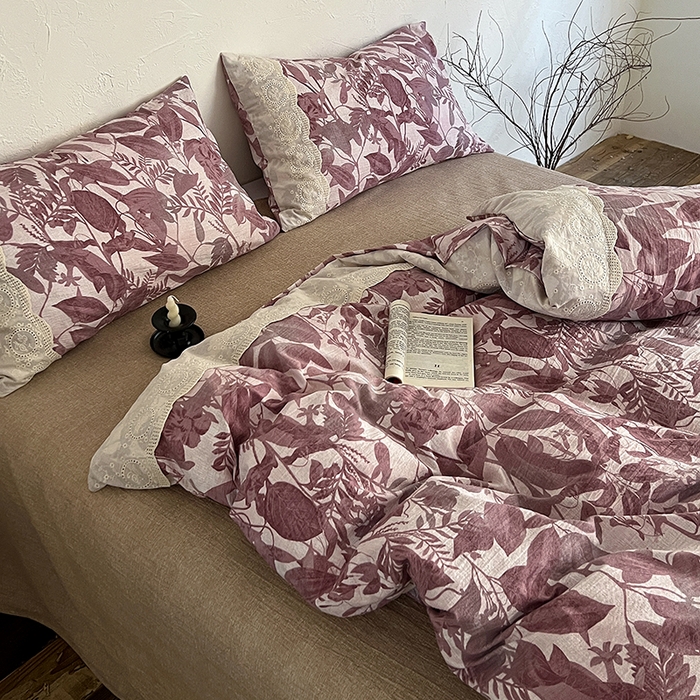 91家纺网 家纺一手货源 找家纺 一比一家纺 2025秋冬新品高克重原麻复古全棉花边棉麻侘寂风原麻四件套 （控价99元）木槿红