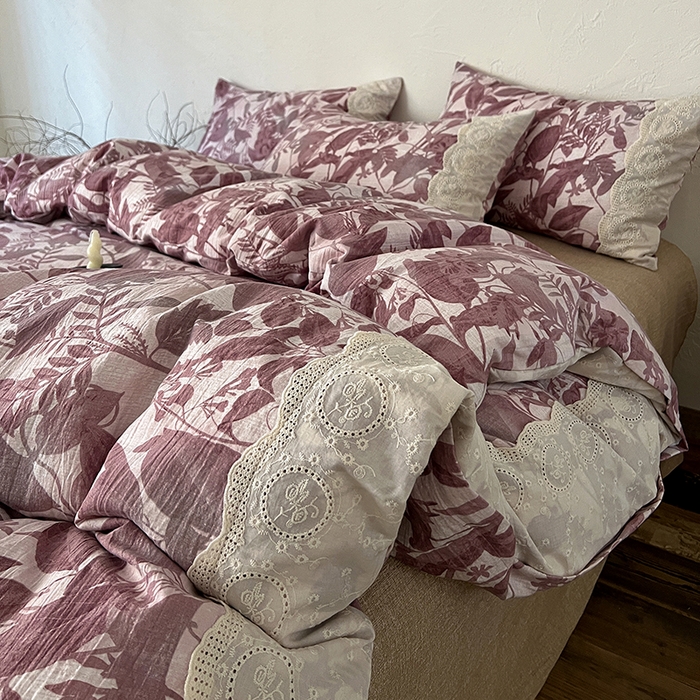 91家纺网 家纺一手货源 找家纺 一比一家纺 2025秋冬新品高克重原麻复古全棉花边棉麻侘寂风原麻四件套 （控价99元）木槿红