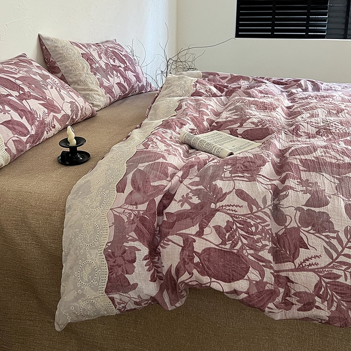 91家纺网 家纺一手货源 找家纺 一比一家纺 2025秋冬新品高克重原麻复古全棉花边棉麻侘寂风原麻四件套 （控价99元）木槿红