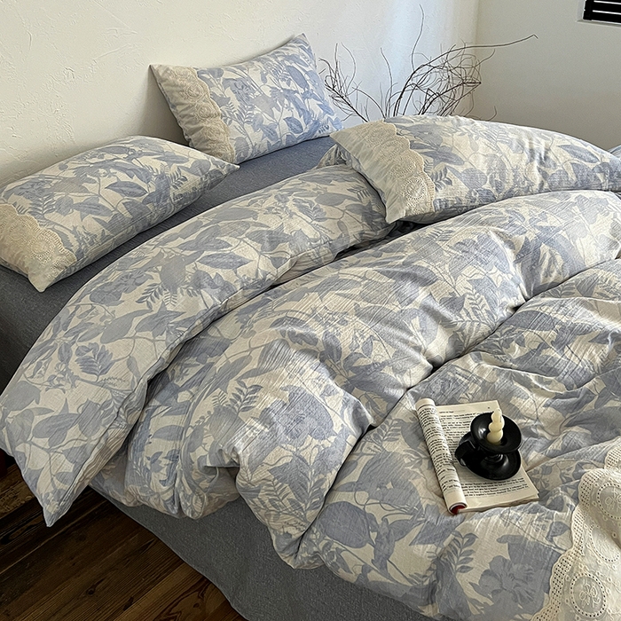 91家纺网 家纺一手货源 找家纺 一比一家纺 2025秋冬新品高克重原麻复古全棉花边棉麻侘寂风原麻四件套 （控价99元）木槿兰