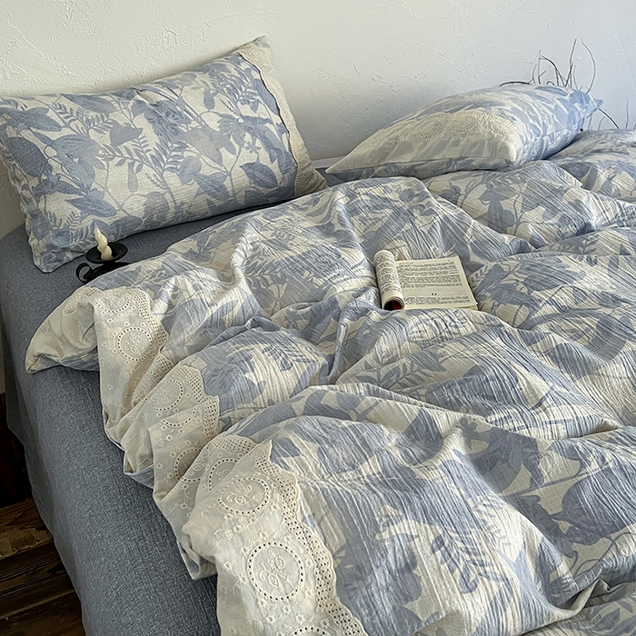 91家纺网 家纺一手货源 找家纺 一比一家纺 2025秋冬新品高克重原麻复古全棉花边棉麻侘寂风原麻四件套 （控价99元）木槿兰