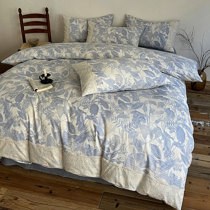 91家纺网 家纺一手货源 找家纺 一比一家纺 2025秋冬新品高克重原麻复古全棉花边棉麻侘寂风原麻四件套 （控价99元）木槿兰