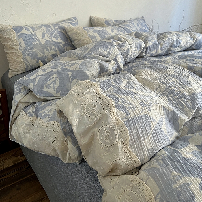 91家纺网 家纺一手货源 找家纺 一比一家纺 2025秋冬新品高克重原麻复古全棉花边棉麻侘寂风原麻四件套 （控价99元）木槿兰