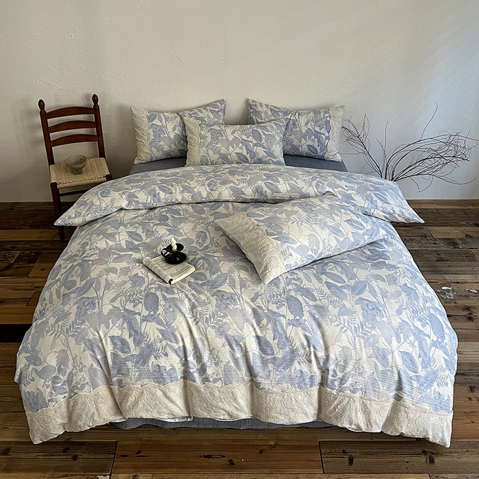 91家纺网 家纺一手货源 找家纺 一比一家纺 2025秋冬新品高克重原麻复古全棉花边棉麻侘寂风原麻四件套 （控价99元）木槿兰