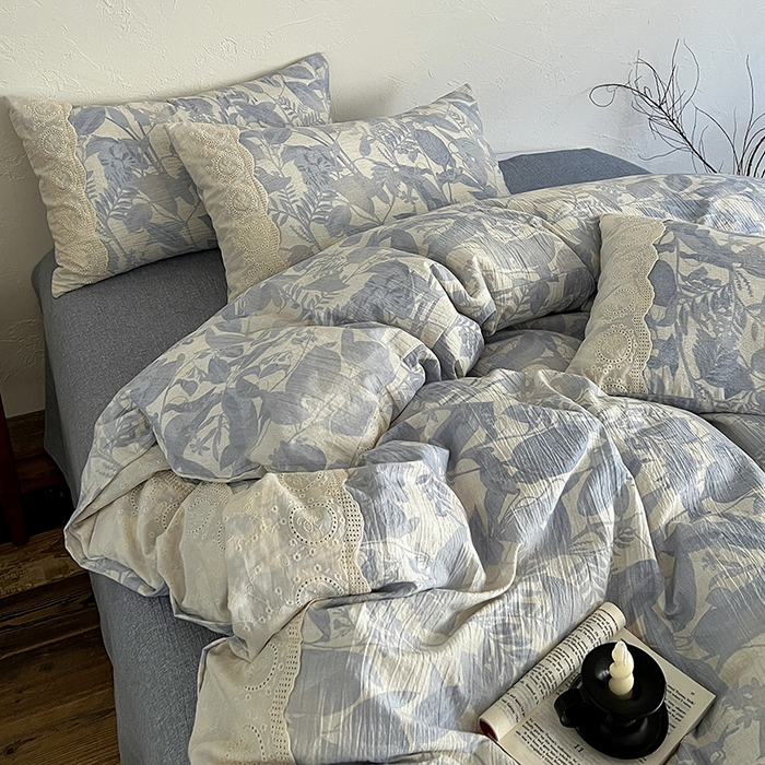 91家纺网 家纺一手货源 找家纺 一比一家纺 2025秋冬新品高克重原麻复古全棉花边棉麻侘寂风原麻四件套 （控价99元）木槿兰