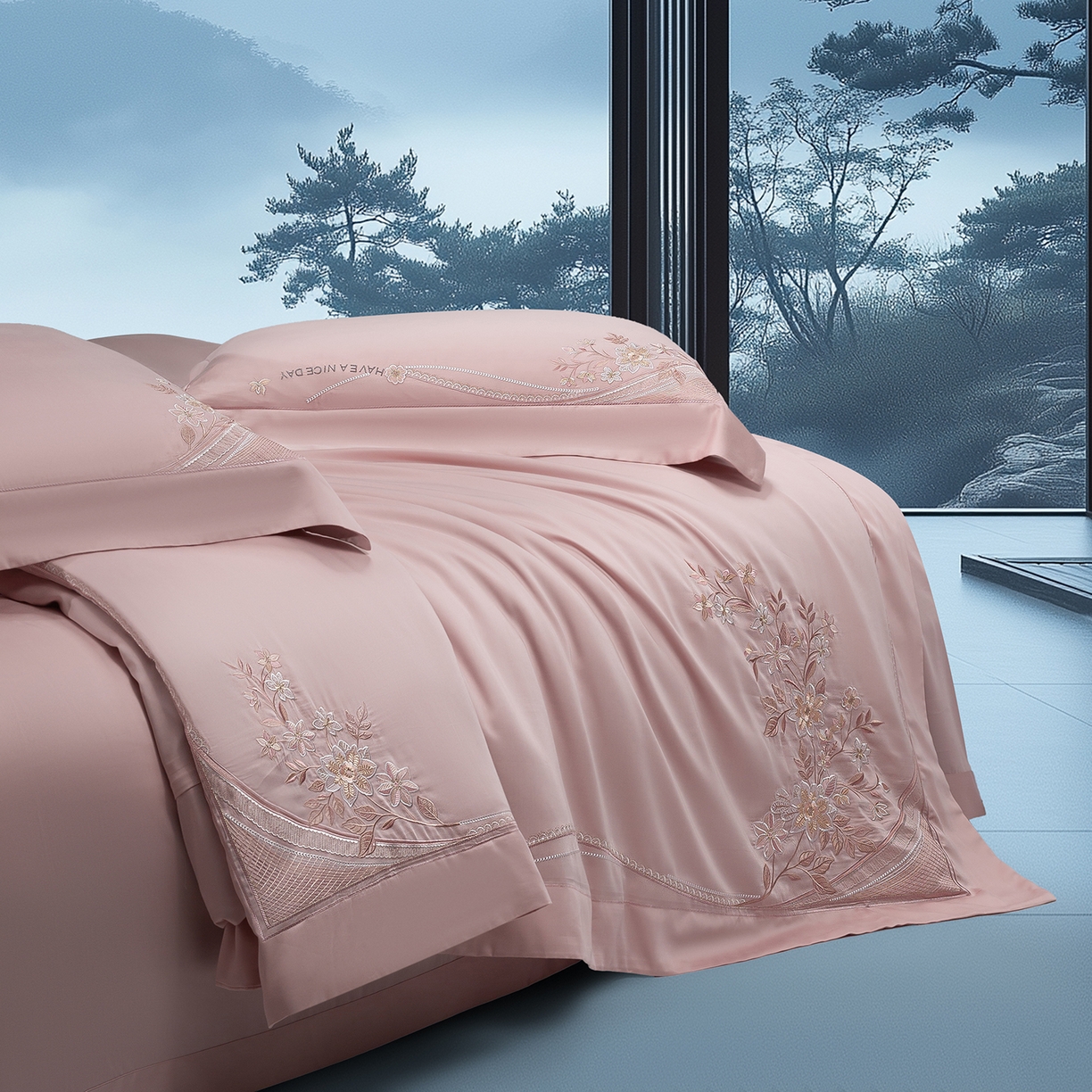 91家纺网 家纺一手货源 找家纺 高大尚婚庆馆 2025新款磨毛四件套-梦语 梦语-落樱粉