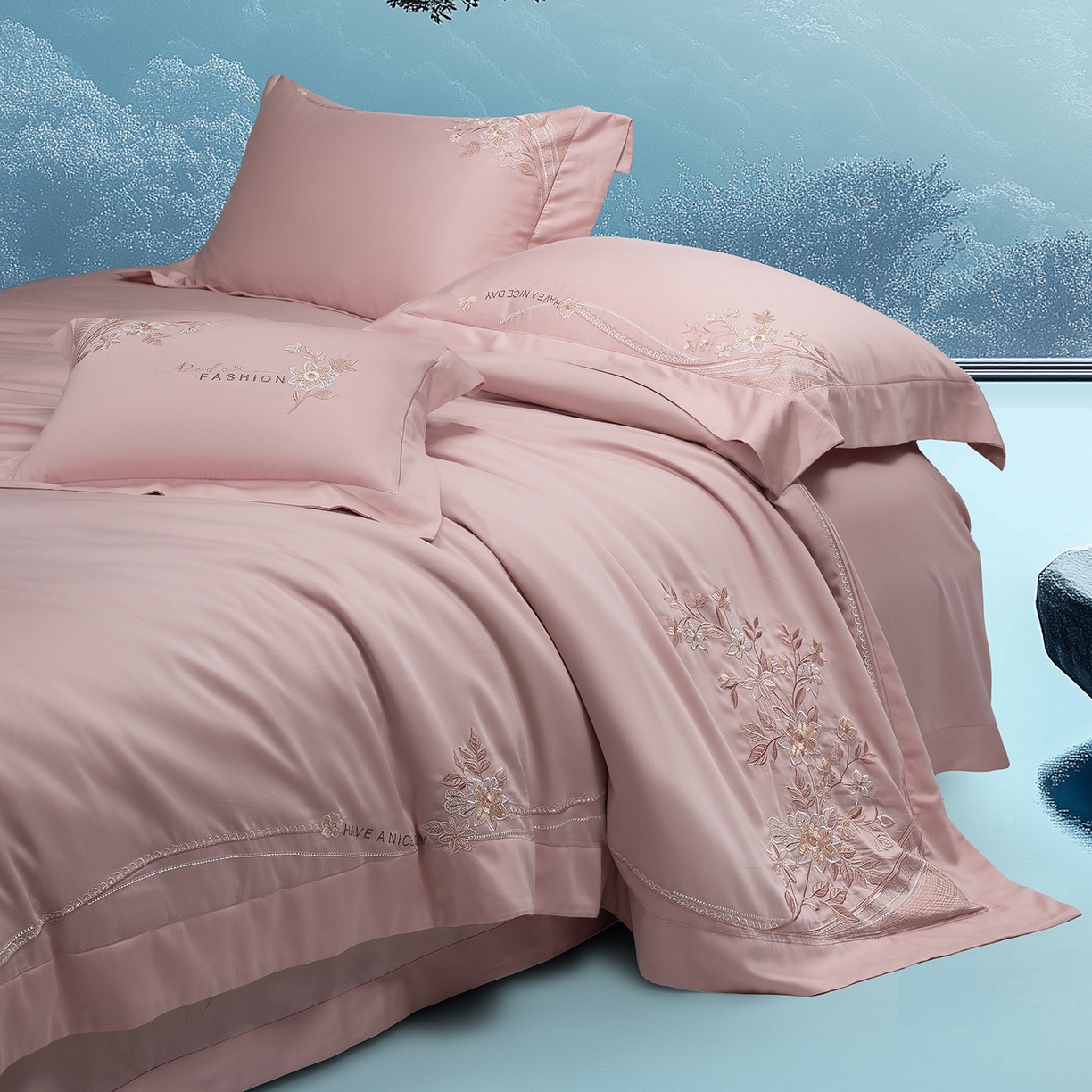 91家纺网 家纺一手货源 找家纺 高大尚婚庆馆 2025新款磨毛四件套-梦语 梦语-落樱粉