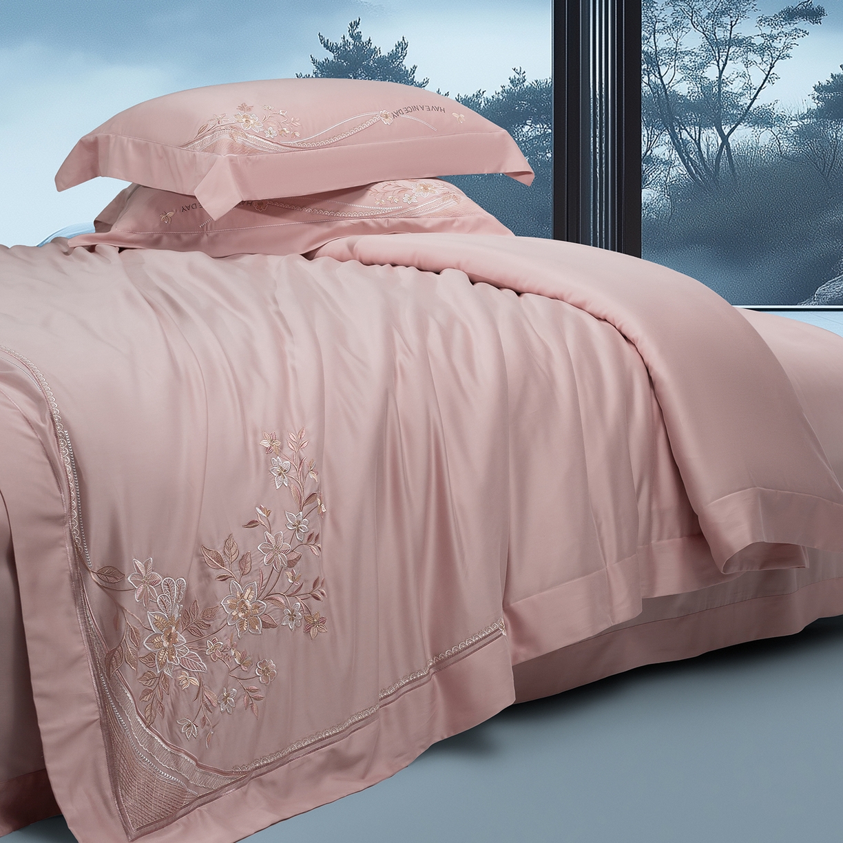 91家纺网 家纺一手货源 找家纺 高大尚婚庆馆 2025新款磨毛四件套-梦语 梦语-落樱粉