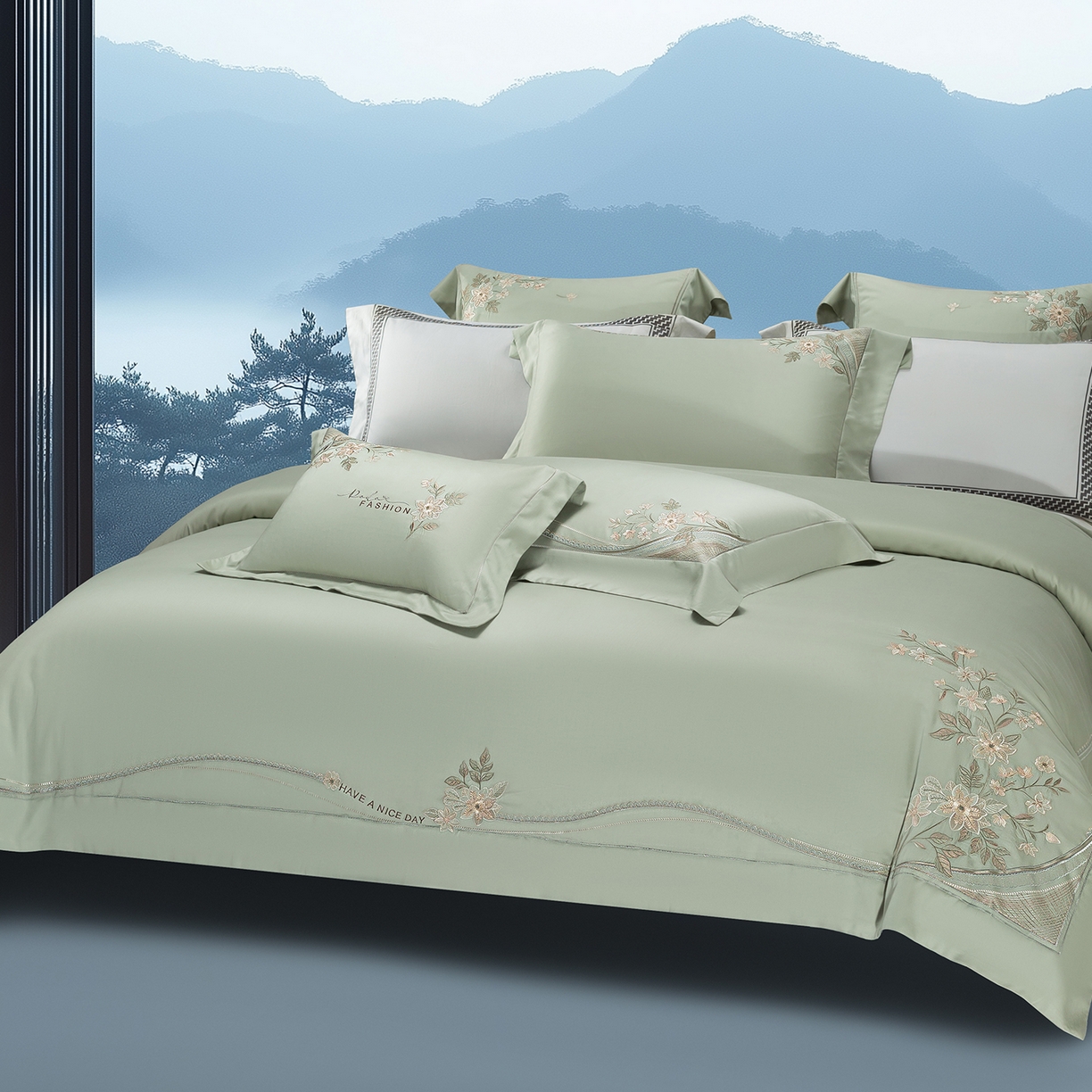 91家纺网 家纺一手货源 找家纺 高大尚婚庆馆 2025新款磨毛四件套-梦语 梦语-油果绿