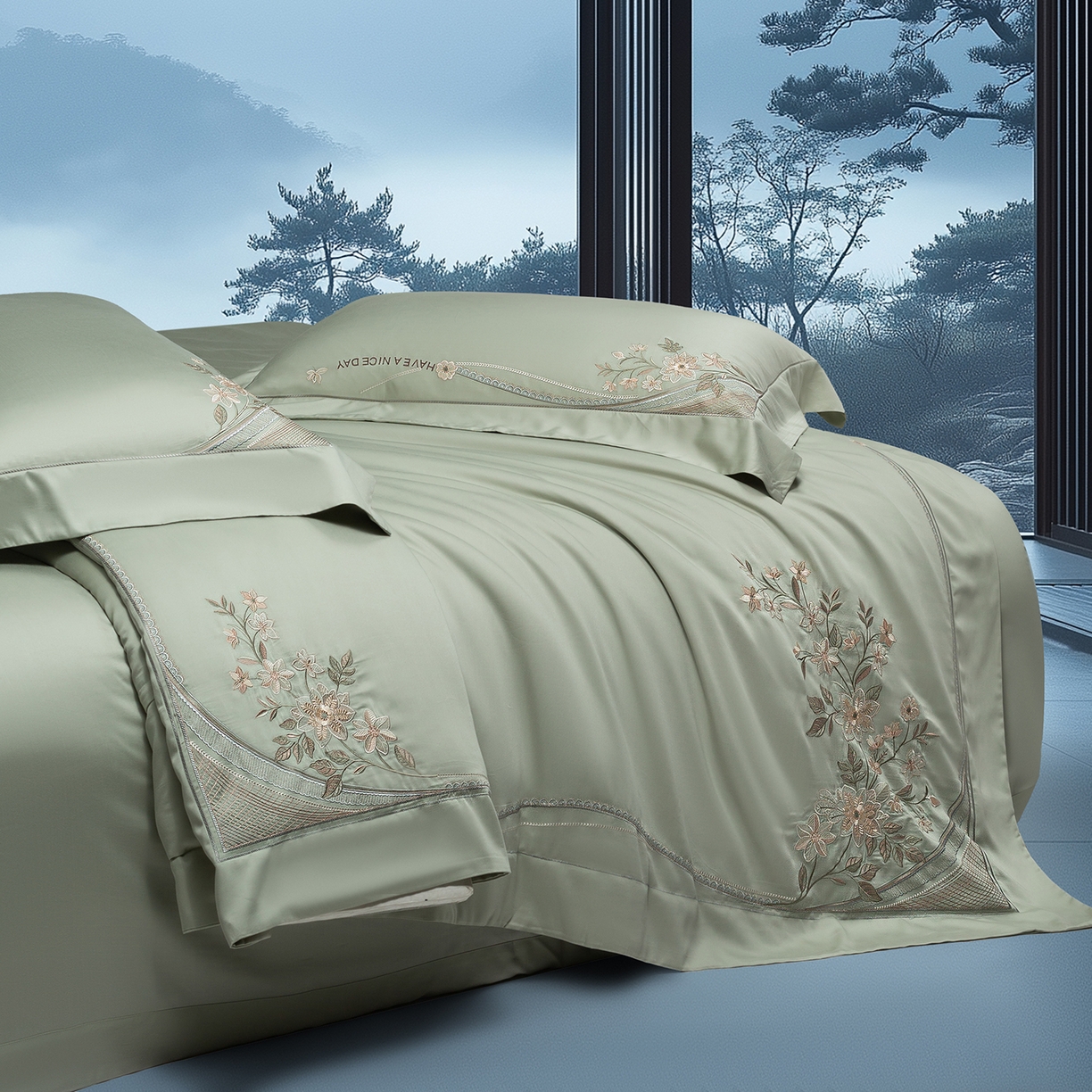 91家纺网 家纺一手货源 找家纺 高大尚婚庆馆 2025新款磨毛四件套-梦语 梦语-油果绿