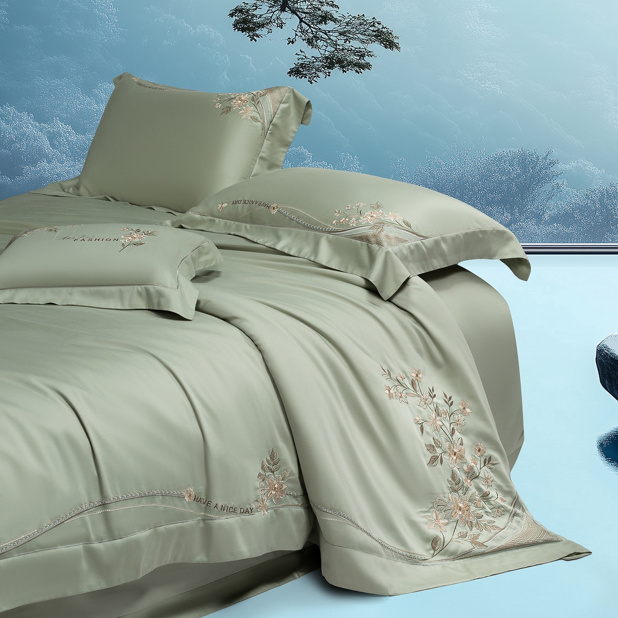 91家纺网 家纺一手货源 找家纺 高大尚婚庆馆 2025新款磨毛四件套-梦语 梦语-油果绿