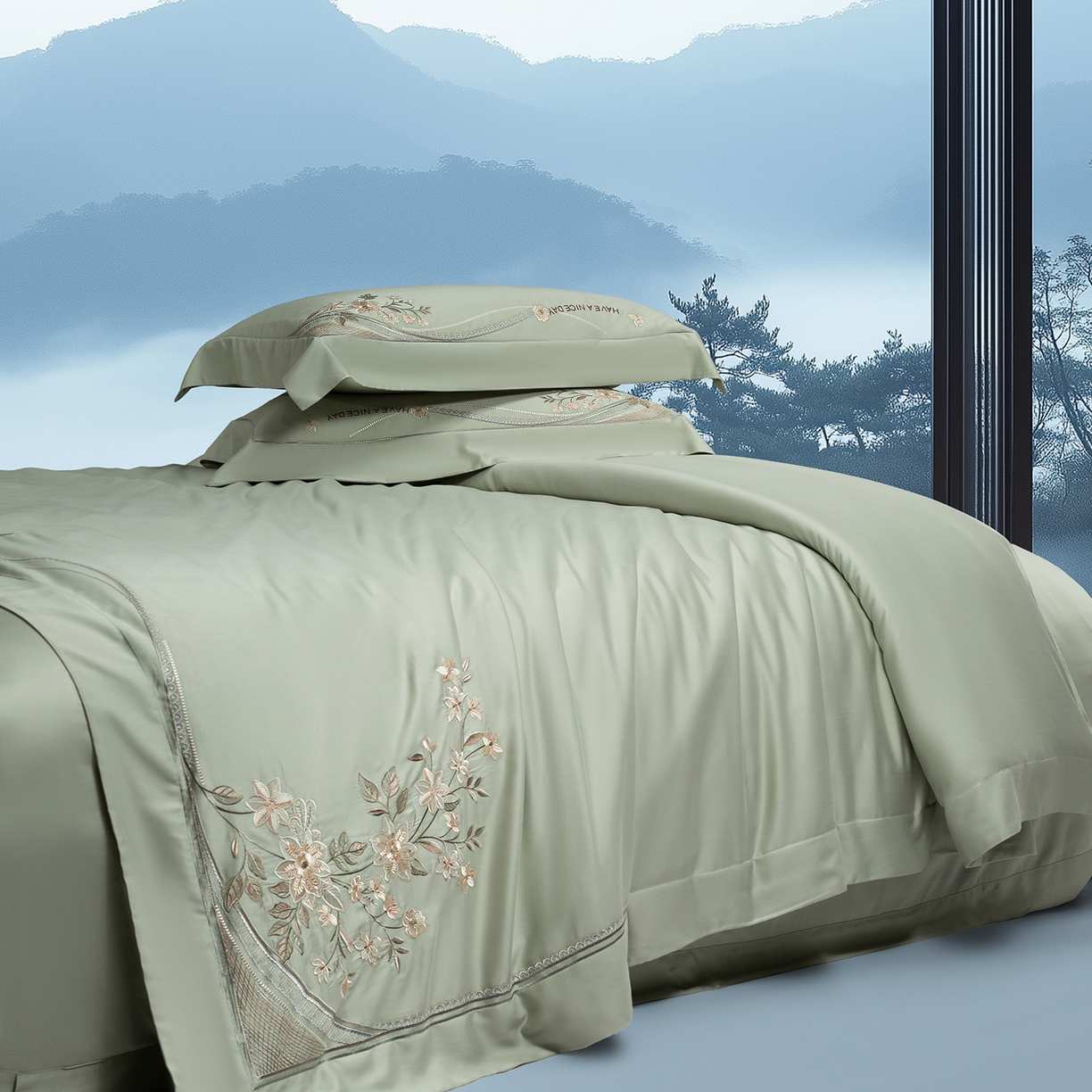 91家纺网 家纺一手货源 找家纺 高大尚婚庆馆 2025新款磨毛四件套-梦语 梦语-油果绿