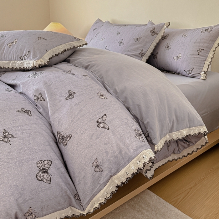 舒慕家纺 2025新款全棉磨毛花边赫本风磨毛四件套（送高端包装） 梦蝶-紫