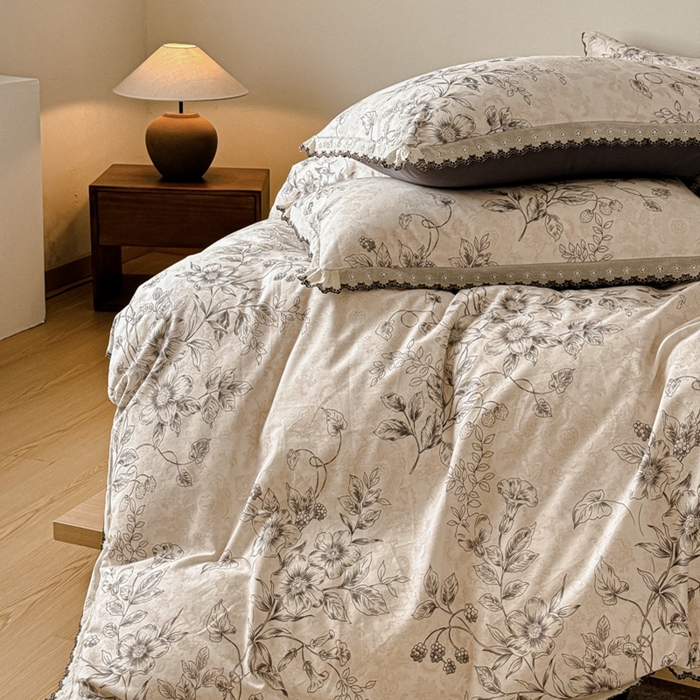 91家纺网 家纺一手货源 找家纺 舒慕家纺 2025新款全棉磨毛花边赫本风磨毛四件套（送高端包装） 花禧-灰