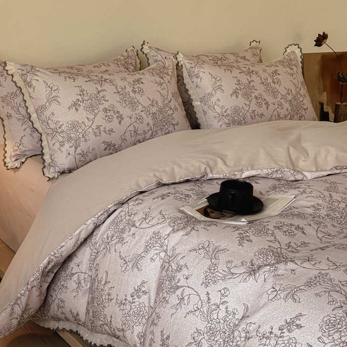 91家纺网 家纺一手货源 找家纺 舒慕家纺 2025新款全棉磨毛花边赫本风磨毛四件套（送高端包装） 花眠-咖